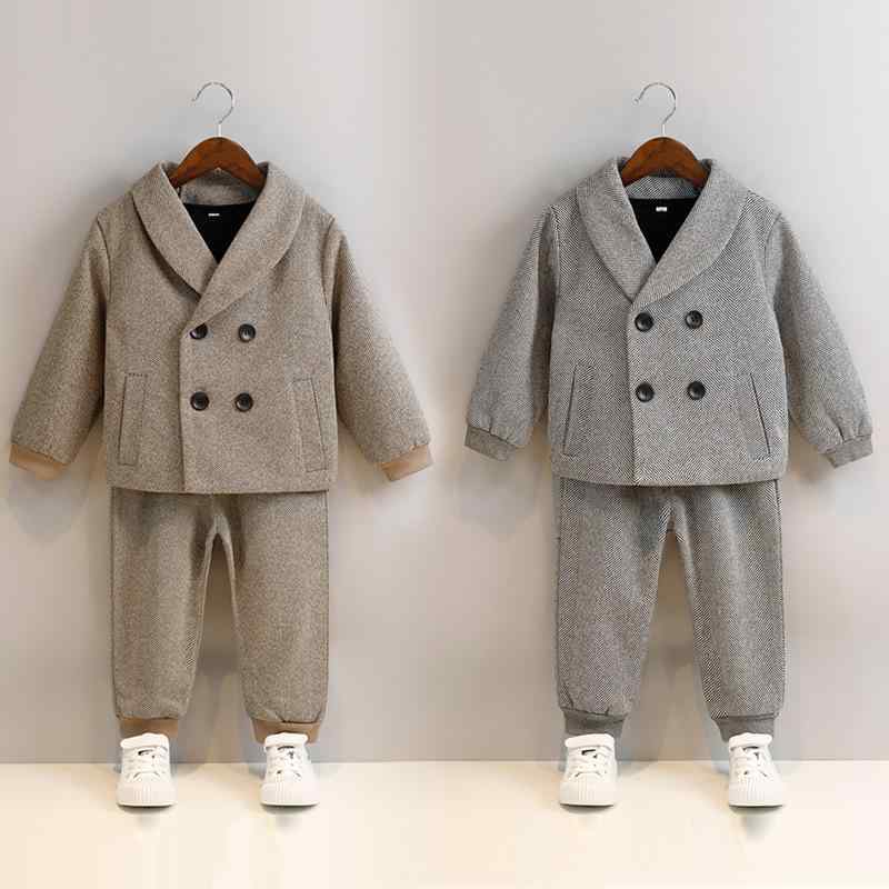スーツ 男の子 キッズ 子供 ベビー セットアップ 上下セット 秋冬 フォーマル 英国風 韓国 ジャケット パンツ 無地 裏起毛 柔らかい 暖かい 結婚式 発表会 七五三 グレー カーキ ポリエステル ボタン