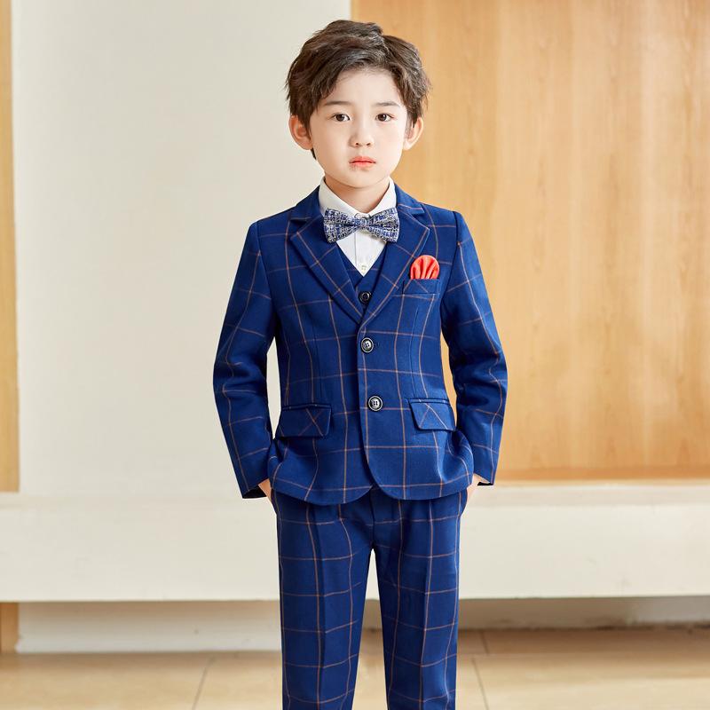 スーツ 男の子 キッズ フォーマル セットアップ チェック柄 英国風 秋冬 結婚式 発表会 七五三 ネイビー 礼服 子供用 正装 厚手 綿混 冠婚葬祭 演奏会 長袖 フードなし ジャケット スラックス ベスト 蝶ネクタイ シャツ ブローチ