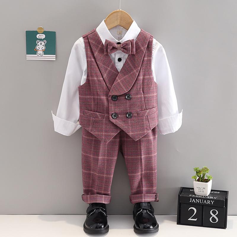 スーツ 男の子 セットアップ キッズ フォーマル 子供服 チェック柄 ブリティッシュスタイル 結婚式 発表会 誕生日 ポリエステル 柔らかい ボタン 高級感 かっこいい オールシーズン レッド ブラウン グレー ジュニア 礼服 ジャケット ズボン ベスト
