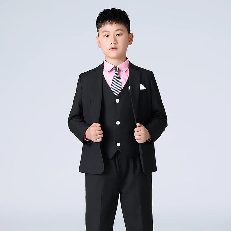 スーツ 男の子 ボーイズ キッズ ジュニア 秋冬 英国風 フォーマル 3点セット 発表会 結婚式 七五三 Vネック 長袖 ボタン ポリエステル サージ素材 ブラック ホワイト ブルー 柔らかい ジャケット パンツ ベスト