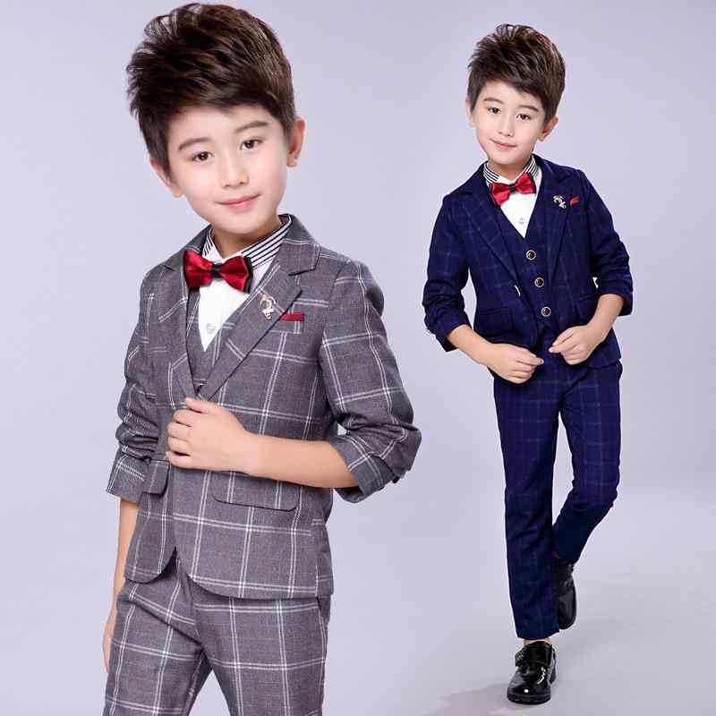 スーツ キッズ 男の子 セットアップ 3点セット 英国風 チェック柄 フォーマル 礼服 ジャケット ベスト 長ズボン 結婚式 発表会 七五三 裏起毛 ボタン ポリエステル 春秋 ネイビー ワインレッド グレー