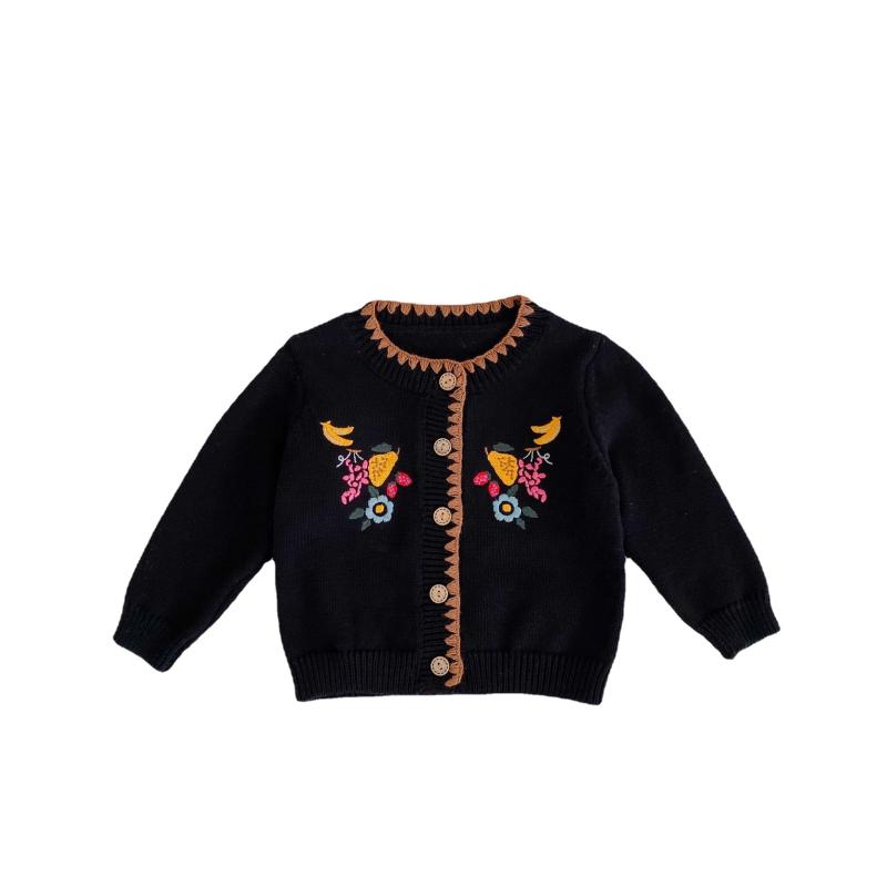 カーディガン 男の子 女の子 ベビー キッズ 秋冬 綿 ニット 長袖 アウター 花柄 刺繍 トップス はおりもの かわいい おしゃれ カジュアル お出かけ 子供服 幼児 赤ちゃん 丸襟 ラウンドネック ボタン ブラック 柔らかい 通気性 保温 防