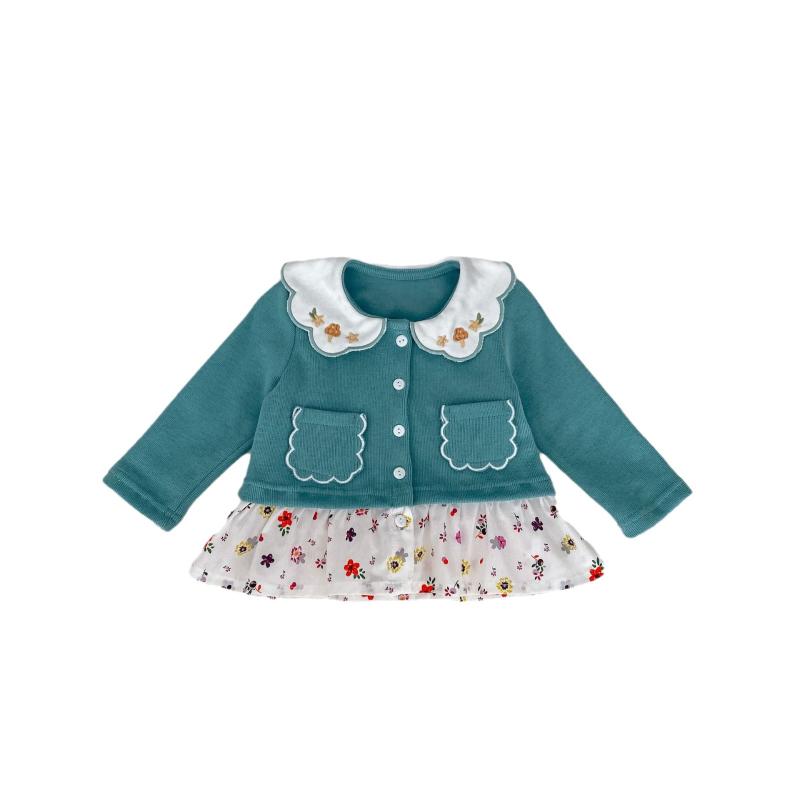 コート 女の子 ベビー キッズ 0-3歳 刺繍 花柄 フラワー 丸襟 ドールカラー 重ね着風 フェイクレイヤード ニット ミドル丈 長袖 前開き ボタン コットン 春夏 かわいい ガーリー スウィート カジュアル 通園 普段使い お出かけ用 グリーン ミ