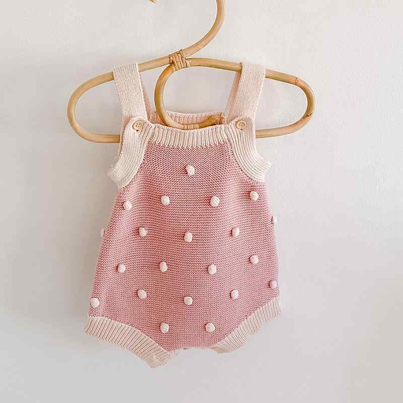 ロンパース ベビー服 男の子 女の子 カバーオール ボディスーツ 肌着 秋冬 オールシーズン ニット 毛糸 綿素材 ハンドメイド ポンポン ノースリーブ ボタン カジュアル かわいい おしゃれ 幼児 赤ちゃん 外出着 部屋着 ピンク