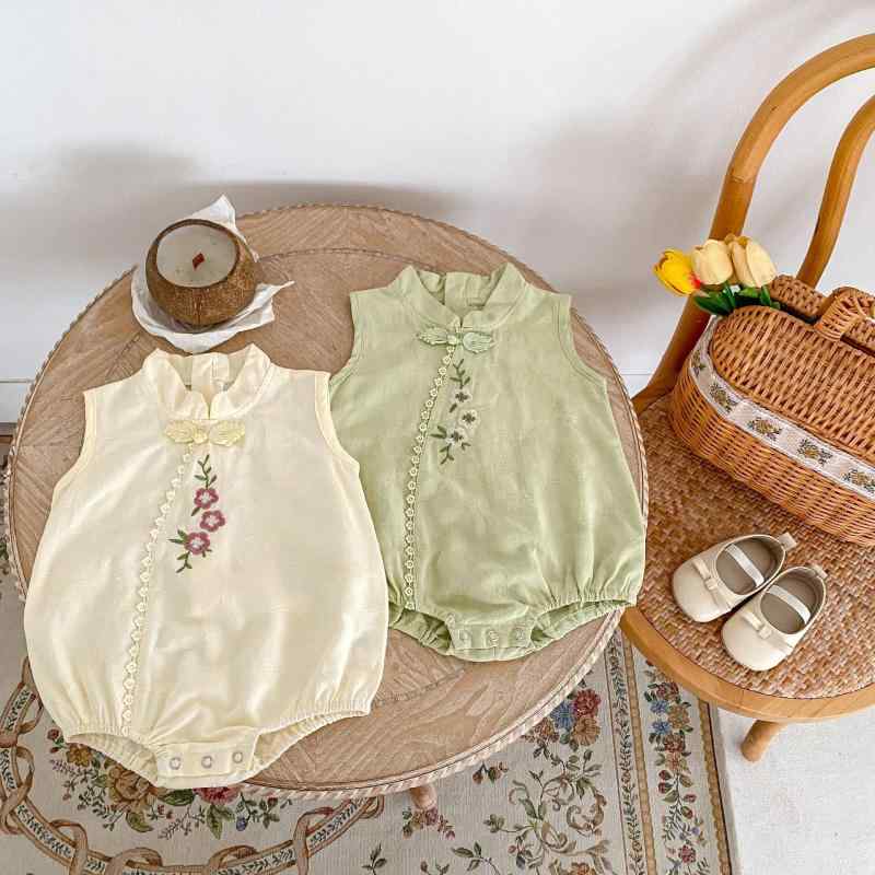 ロンパース 女の子 ベビー服 カバーオール チャイナドレス 刺繍 コットン 綿 ノースリーブ 春夏 スタンドカラー スナップボタン 民族風 アプリコット 薄緑 お出かけ 普段使い 記念撮影 出産祝い かわいい