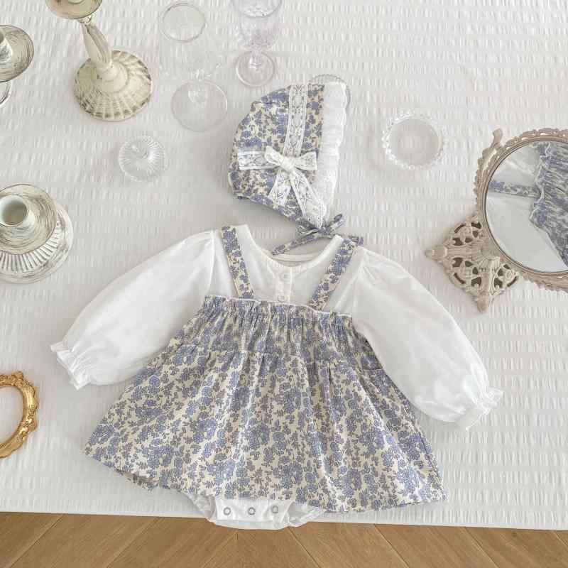 ロンパース 女の子 ベビー 秋冬 長袖 綿 コットン 小花柄 フリル お姫様 プリンセス フェイクレイヤード 重ね着風 かわいい おしゃれ ホワイト 出産祝い お出かけ 普段使い Aランク 66cm-90cm