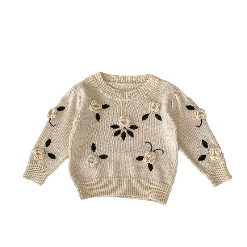 セーター 女の子 ベビー キッズ 子供服 0-3歳 秋冬 厚手 長袖 トップス ニット プルオーバー 花柄 刺繍 コットン 綿 クルーネック 杏白 かわいい カジュアル 普段着 通園 お出かけ 暖かい 幼児 赤ちゃん 上着 防寒 保温