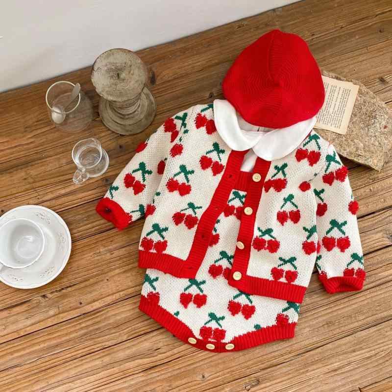 セットアップ 女の子 ベビー服 秋冬 長袖 トップス カーディガン チェリー さくらんぼ 刺繍 かわいい スイート 赤ちゃん 子供服 上下セット 綿 コットン お姫様風 ガーリー カジュアル 普段使い お出かけ 部屋着 0歳 ホワイト