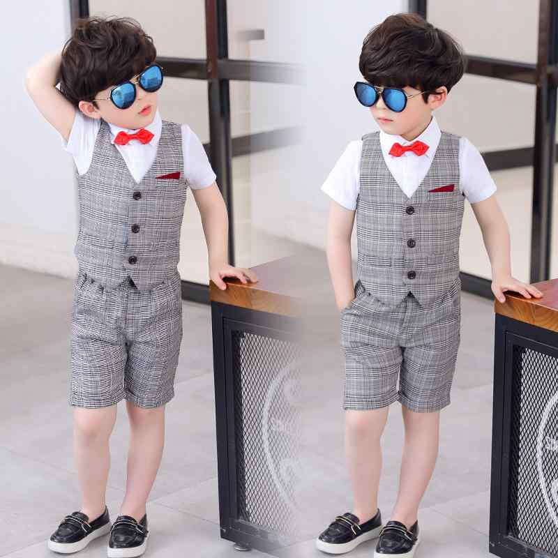 セットアップ 男の子 春夏 フォーマル キッズ 礼服 スーツ 3点 ベスト 半ズボン 短パン シャツ 蝶ネクタイ レッド グレー 発表会 結婚式 セレモニー 格子柄 チェック コットン 綿 柔らかい 高級感 ボタン 4,162円