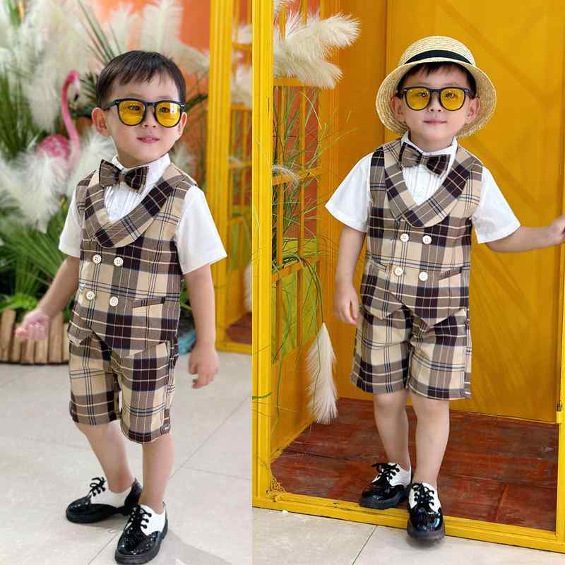 フォーマルスーツ 男の子 ベビー キッズ セットアップ 英国風 チェック柄 ベスト ハーフパンツ 結婚式 発表会 誕生日 春夏 半袖 ビスコース レーヨン コーヒー グリーン ブラウン 韓国スタイル