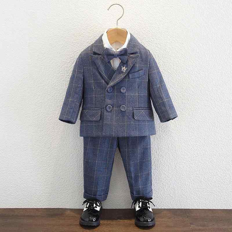 スーツ 男の子 キッズ セットアップ フォーマル 礼服 結婚式 発表会 七五三 チェック柄 英国風 ジャケット ベスト スラックス パンツ シャツ 蝶ネクタイ ブローチ ボタン ポリエステル 秋冬 上品 高級感 ブルー
