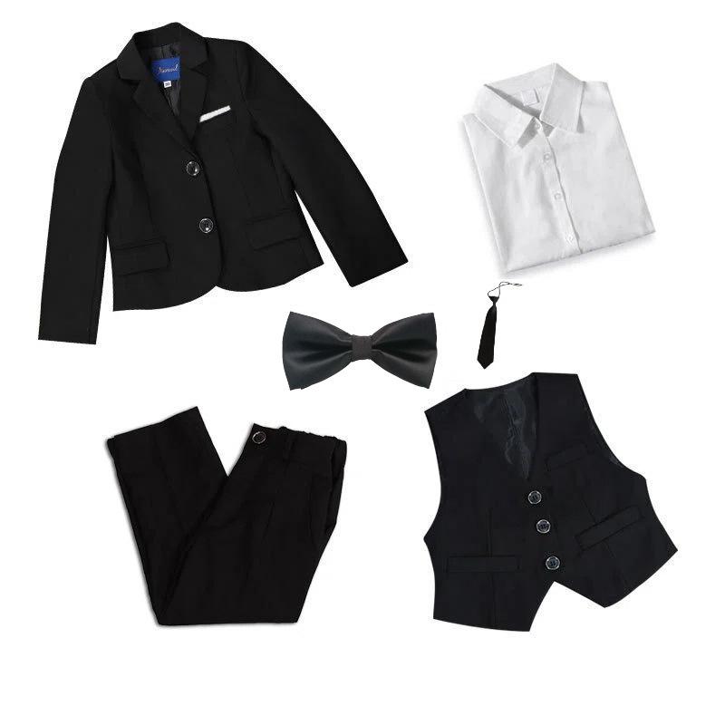 スーツ 男の子 女の子 キッズ 子供服 セットアップ 礼服 フォーマル ジャケット パンツ ズボン ベスト シャツ 蝶ネクタイ 韓国 秋冬 裏起毛 綿混 ポリエステル ブラック ブルー 結婚式 発表会 七五三