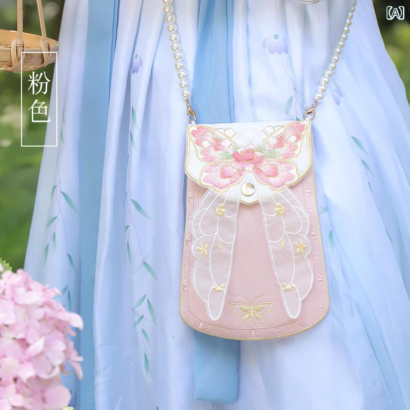 ショルダーバッグ レディース 鞄 中華風 漢服 アクセサリー 刺しゅう 蝶 スクエアバッグ 斜め掛け パールチェーン ポリエステル 上品 フェミニン かわいい 春夏 ピンク グリーン パープル 普段使い お出かけ 華やか オリエンタル