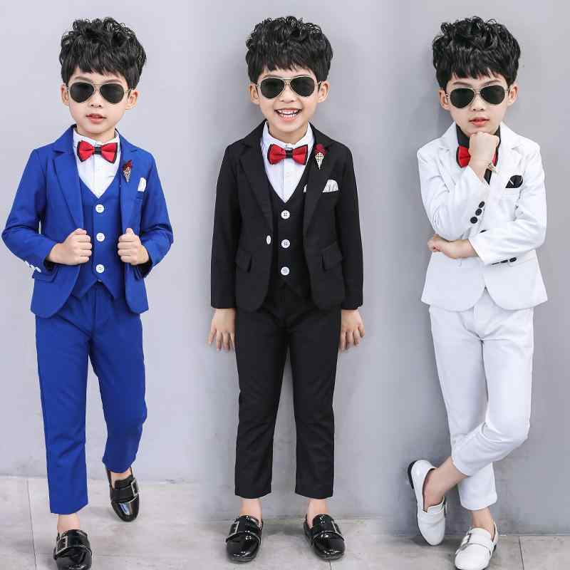 子供スーツ 男の子 秋冬 3点セット ジャケット ベスト 長ズボン フォーマル 礼服 発表会 結婚式 七五三 無地 綿 コットン 柔らかい 韓国 長袖 ブラック ブルー ホワイト ボタン 高級感 かっこいい 快適 正装