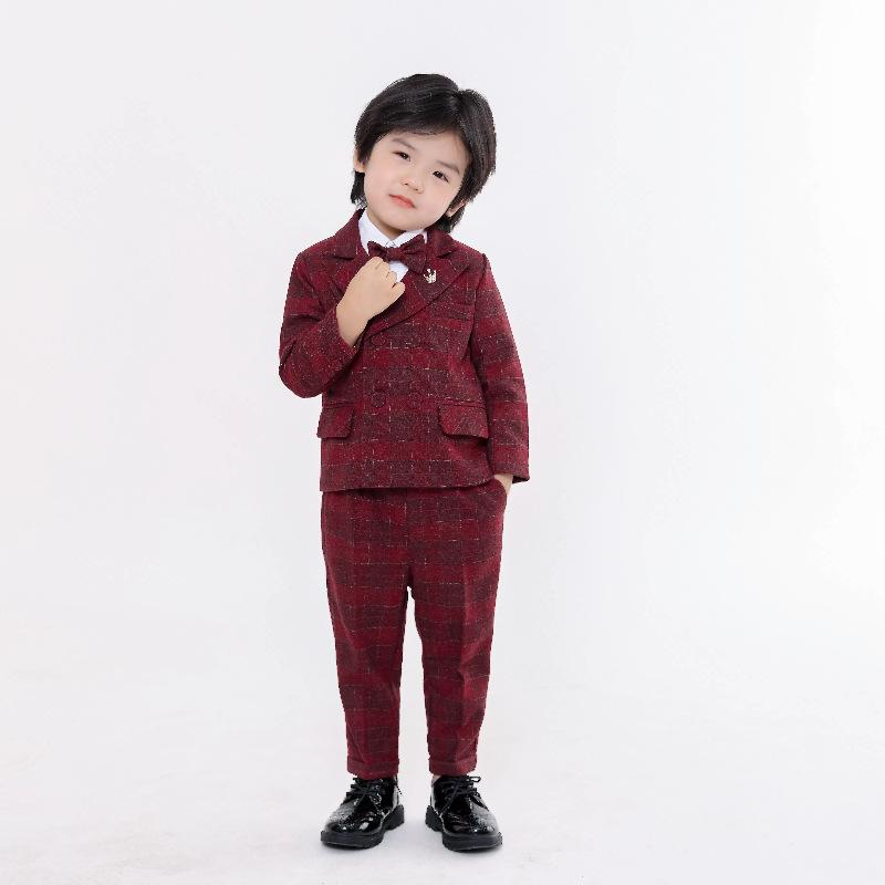 スーツ キッズ 男の子 セットアップ フォーマル 礼服 ジャケット ベスト ズボン シャツ チェック柄 結婚式 発表会 七五三 ボタン ワインレッド ブルー おしゃれ 高級感 柔らかい ポリエステル オールシーズン