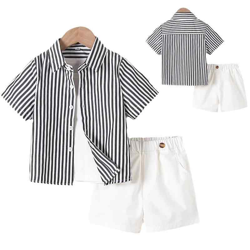 セットアップ キッズ 男の子 半袖シャツ ハーフパンツ 2点 ストライプ柄 縞模様 学院風 プレッピー 紳士 フォーマル カジュアル 夏 涼しい 薄手 通園 学校 お出かけ ブラック ホワイト ポリエステル 子供服