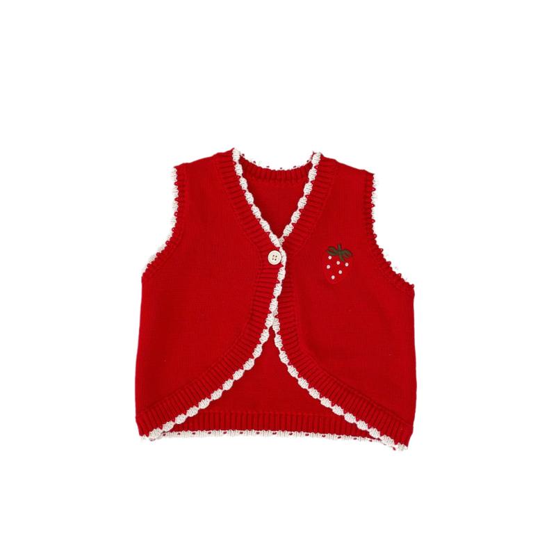 ニットベスト 女の子 ベビー チョッキ ジレ 春秋 いちご 刺繍 ストロベリー バイカラー 綿 コットン ボタン Vネック レッド アイボリー カーディガン 前開き ノースリーブ 重ね着 カジュアル かわいい トップス