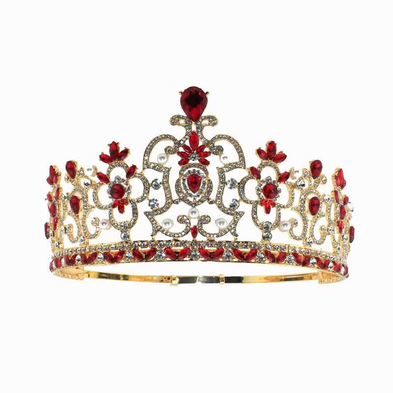 王冠 レディース ティアラ ヘッドドレス ヘアアクセサリー 髪飾り 結婚式 ブライダル ウェディング バロック調 欧米風 高級感 ゴージャス ビジュー クリスタル 合金 電気メッキ加工 伸縮性 大ぶり ゴールド レッド