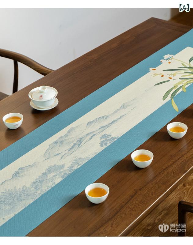 テーブルランナー テーブルセンター テーブルクロス 和風 山水画 風景画 撥水 防水 高級感 クラシック エレガント 上品 おしゃれ インテリア 敷物 リビング ダイニング 屋外 ブルー スカイブルー モダン ポリエステル 綿 麻 汚れ防止