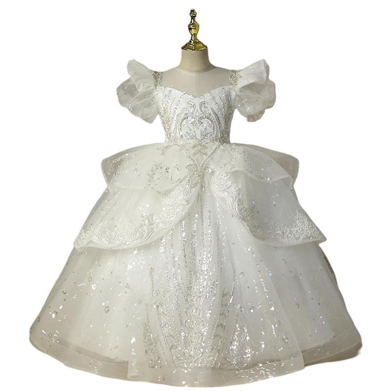 ドレス 女の子 子供 キッズ ワンピース プリンセス 白 ホワイト 発表会 結婚式 パーティー フォーマル ロング パフスリーブ フラワーガール アセテート繊維 上品 エレガント かわいい フレア チュール シフォン フレンチスタイル 7,916円
