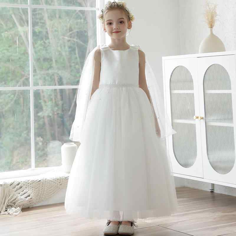 ドレス 女の子 キッズ 子供 ワンピース 礼服 ロングドレス 発表会 結婚式 ピアノ フラワーガール レース チュール メッシュ ポリエステル 高級感 かわいい プリンセス風 欧米風 エレガント オールシーズン 白