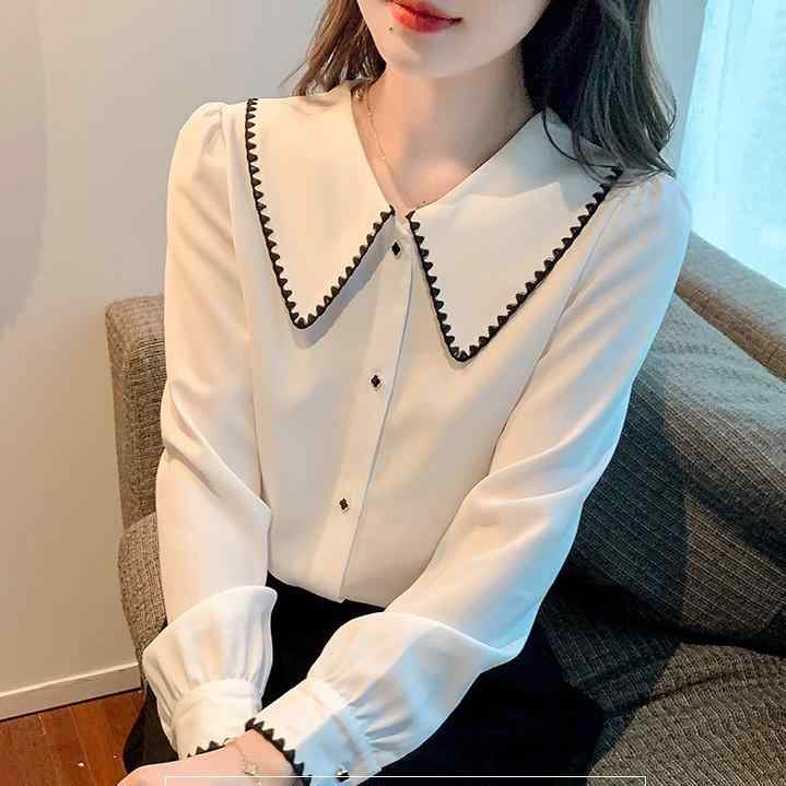 ブラウス レディース トップス シャツ 長袖 丸襟 シフォン 秋冬 ゆったり ゆったり おしゃれ かわいい 上品 きれいめ カジュアル オフィス 通勤 普段使い 白 ピンク 無地 ボタン 襟 とろみ素材 40代 体型カバー 大きいサイズ