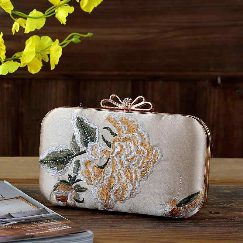 ハンドバッグ レディース 鞄 手提げ チャイナドレス用 刺繍 花柄 フラワー サテン チェーンショルダー 春夏 横型 スクエア レトロ かわいい おしゃれ レッド ブラック アプリコット パーティー 結婚式