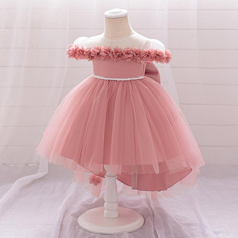 ドレス 女の子 キッズ ベビー オフショルダー アップリケ 刺繍 レース リボン プリンセス 結婚式 誕生日 発表会 1歳 フォーマル 高級感 かわいい コットン混 オールシーズン ピンク パープル ホワイト トレーン付