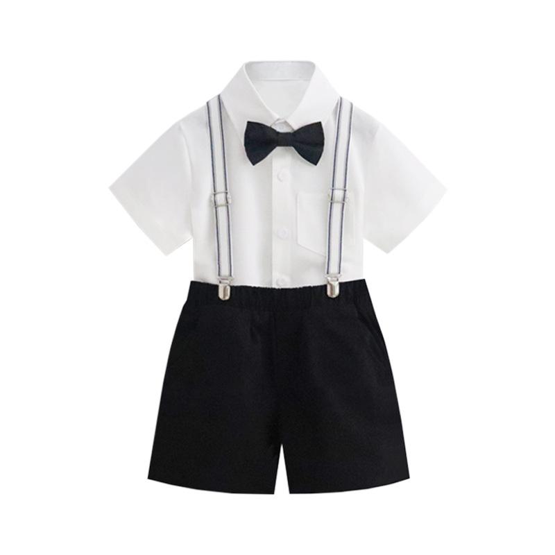 スーツ 男の子 キッズ セットアップ フォーマル 半袖シャツ ハーフパンツ サスペンダー 蝶ネクタイ 4点セット 春夏 綿 コットン 結婚式 発表会 七五三 英風 ブリティッシュ ブラック ホワイト