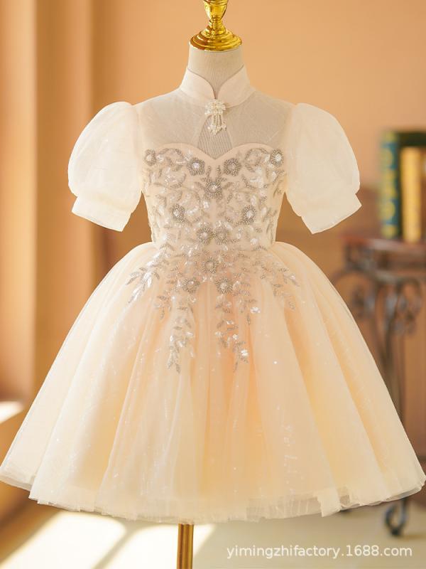 ドレス 女の子 子供用 発表会 結婚式 パーティー プリンセス ショート丈 チュール メッシュ レース フリル 高級感 欧米風 かわいい ポリエステル 綿 裏地 シャンパン ホワイト オールシーズン 膝丈 ピアノ コンクール フォーマル