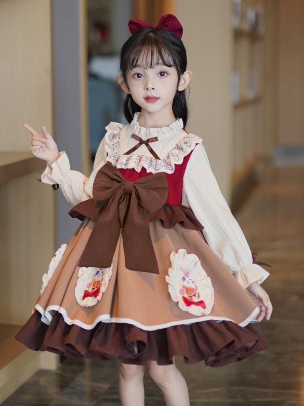 ワンピース キッズ 女の子 ロリータ プリンセスドレス チュチュスカート 長袖 秋冬 裏起毛 暖かい あったか 防寒 スウィート 甘め かわいい おしゃれ ポリエステル 綿 コットン お出かけ 結婚式 発表会 ブラウン レッド 無地 動物柄 アニマル 抽