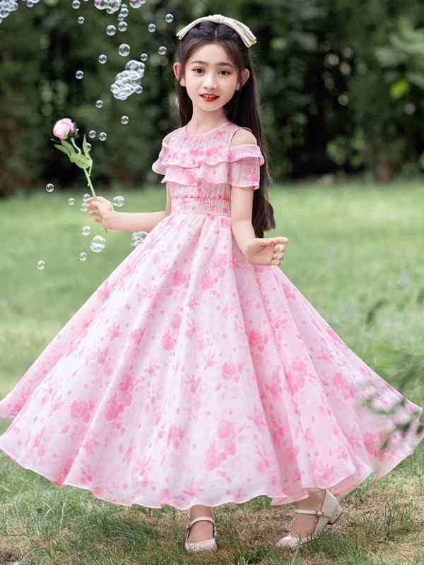 ワンピース 女の子 キッズ 子供 オフショルダー 花柄 ロング丈 Aライン プリンセスドレス 春夏 半袖 おしゃれ かわいい 涼しい ポリエステル 綿 ピンク ブルー ホワイト 小学生 発表会 結婚式 普段使い リゾート