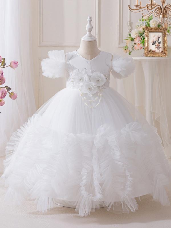 ドレス 女の子 キッズ 子供 ワンピース プリンセス 発表会 結婚式 誕生日 フラワーガール チュール ふわふわ チュチュ フレア レース 透け感 Aライン ピンク ブルー ホワイト 高級感 かわいい 記念写真 春夏 4,844円