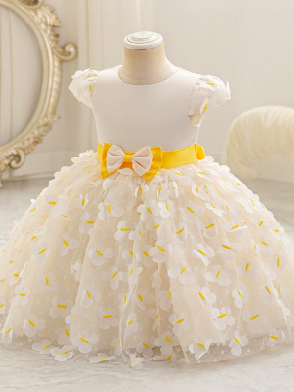 ドレス 女の子 キッズ 子供服 ワンピース プリンセス チュールスカート チュチュ 誕生日 結婚式 発表会 シャンパン 夏 膝丈 フレア ポリエステル 綿 メッシュ 透け感 かわいい 上品 高級感 欧米風 リボン Aライン