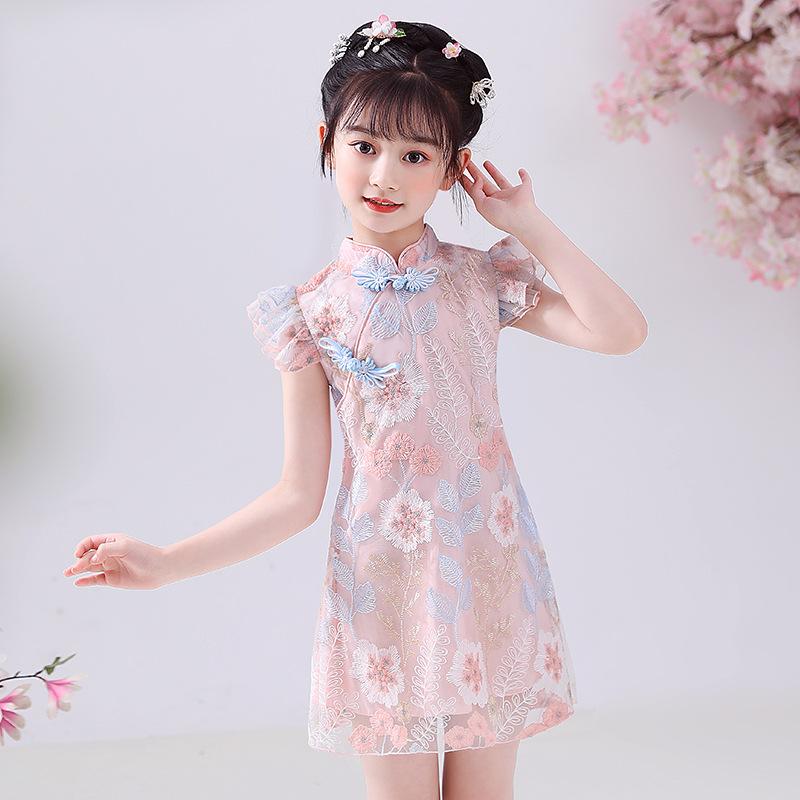 ワンピース 女の子 キッズ チャイナドレス 春夏 子供服 プリンセスドレス 漢服 中国風 チャイナ風 膝丈 半袖 ピンク 花柄 ポリエステル 薄手 かわいい 洗練された お出かけ 通園 通学 ガールズ 伝統的 民族衣装 エレガント 発表会 七五三