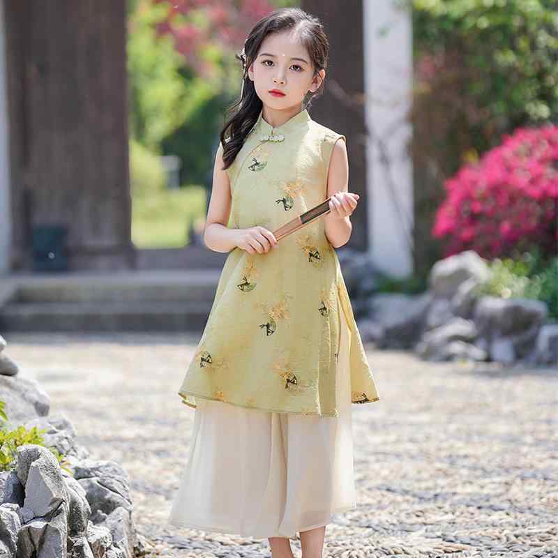 チャイナドレス 女の子 子供 キッズ 春夏 セットアップ 上下セット スカート 伝統的 中華風 漢服風 ポリエステル 高級感 涼しい 通気性 かわいい プリンセス風 緑 グリーン お出かけ 発表会 お呼ばれ