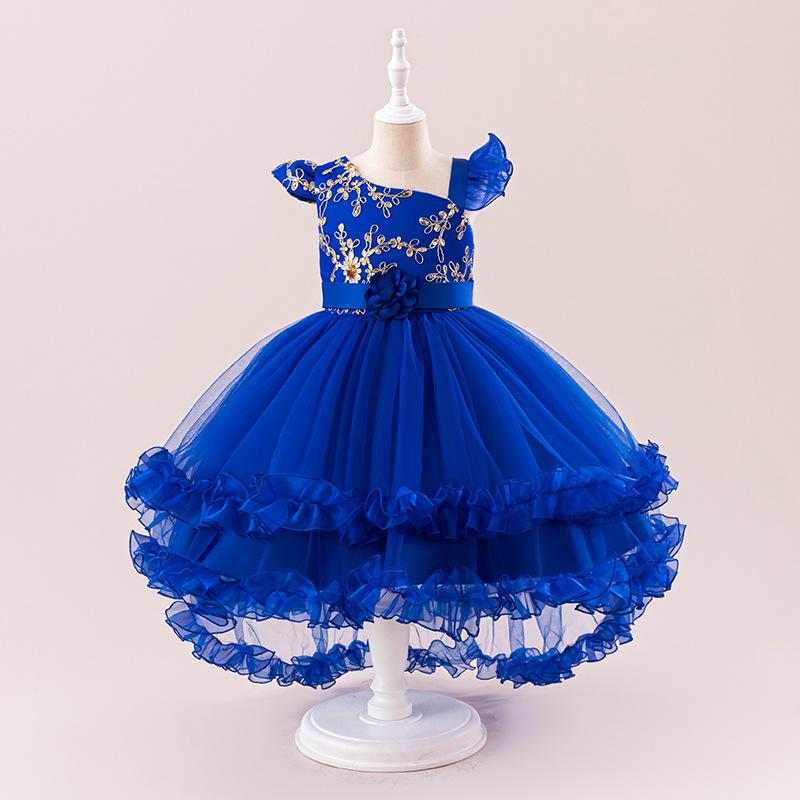 ドレス 女の子 ワンピース チュール プリンセス フィッシュテール 春夏 子供服 キッズ フォーマル 発表会 結婚式 お呼ばれ ブルー レッド 華やか ポリエステル レース ふんわり かわいい