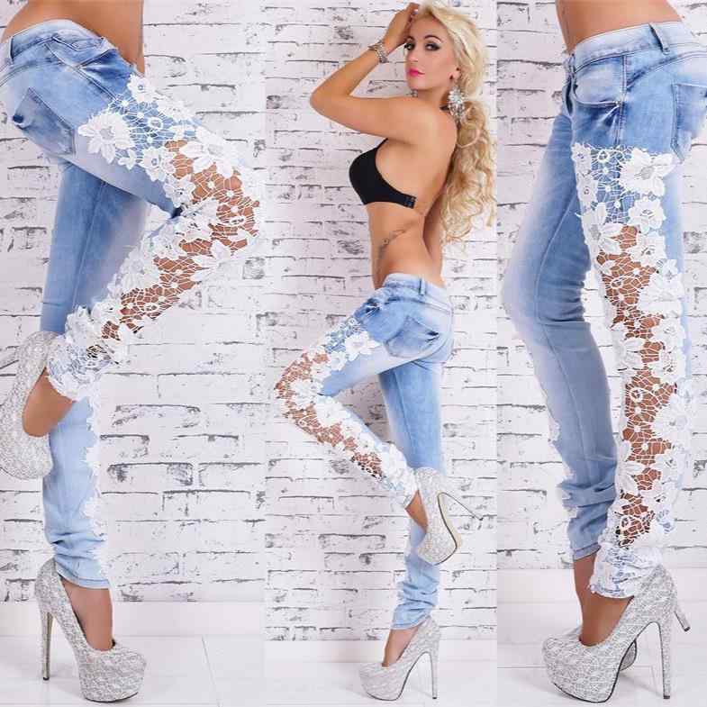 デニムパンツ レディース ジーンズ ジーパン スキニー ハイウエスト レース 透かし彫り ボタン ライトブルー 綿 コットン 上品 エレガント 通勤 普段使い ボトムス スリム 伸縮性 美脚 タイト
