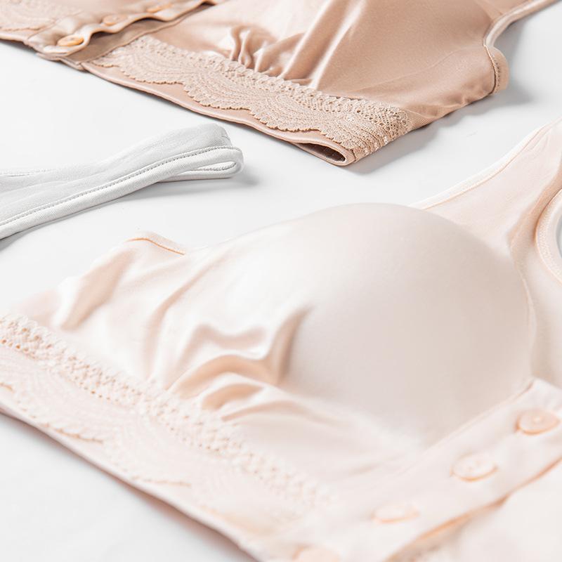 授乳ブラジャー レディース 産後 フロントホック 前開き ノンワイヤー 薄手 ニット インナー 下着 シンプル ナチュラル 光沢感 シルバーグレー ヌード ベージュ 秋冬 通気性 敏感肌用