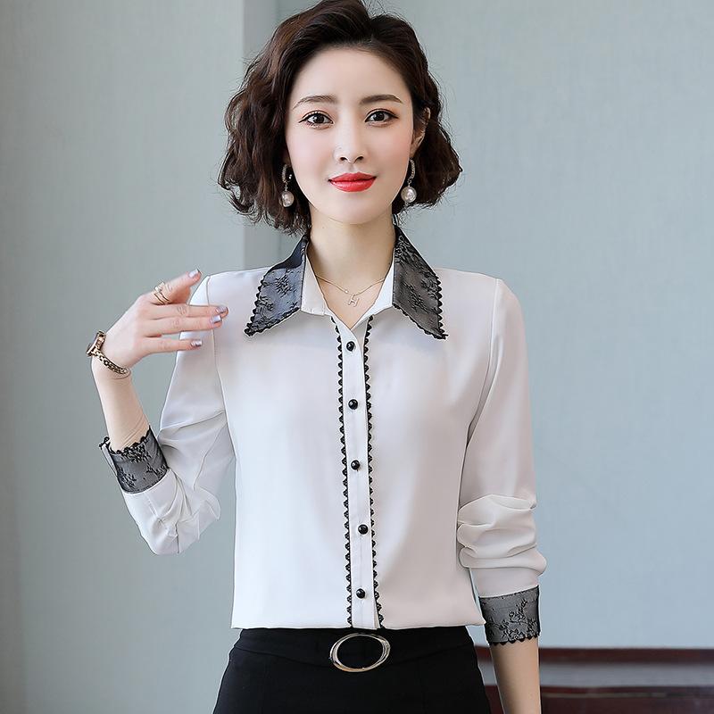 シャツ レディース 長袖 ブラウス トップス 春秋 襟 レース シフォン 無地 白 事務服 通勤 オフィス カジュアル エレガント きれいめ 上品 清楚 シンプル 伸縮性 ストレッチ スリム フィット インナー 重ね着 ボタン