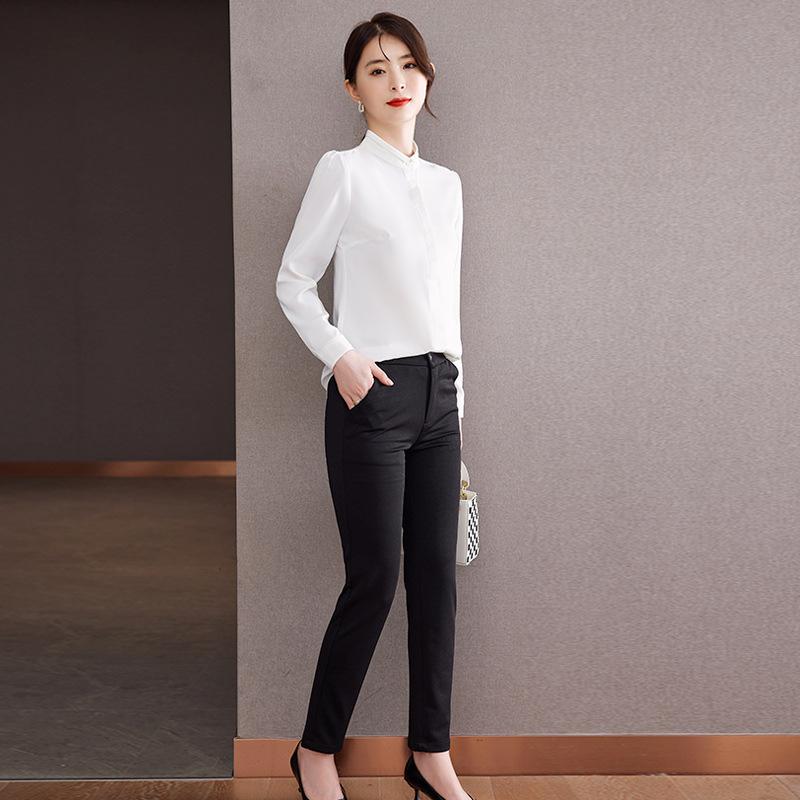 セットアップ レディース ブラウス シフォン 立ち襟 長袖 ロングパンツ 2点 秋冬 通勤 オフィス 事務服 40代 きれいめ おしゃれ トップス ポリエステル 無地 シンプル 清楚 ブラック ホワイト レッド