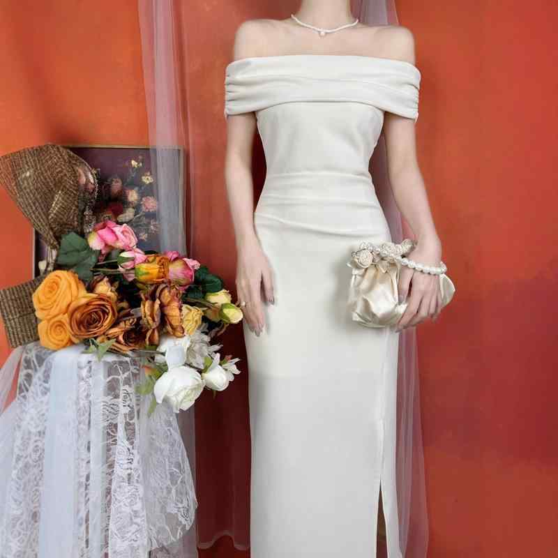 ワンピース レディース パーティードレス フレンチ ヴィンテージ風 オフショルダー 着痩せ 婚約 披露宴 結婚式 スリット マキシ丈 ハイウエスト マーメイドライン ノースリーブ 春 ライトアプリコット レッド ブラック