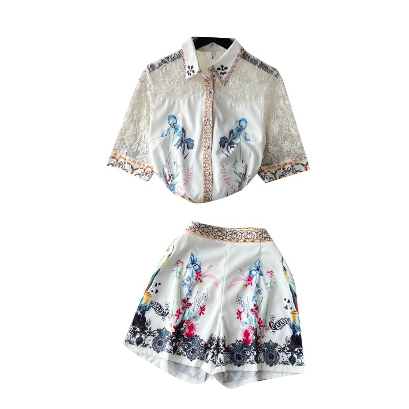 セットアップ レディース 女性用 ブラウス シャツ ショートパンツ 襟 パフスリーブ レース プリント ハイウエスト ワイド ヴィンテージ風 エレガント ホワイト 通勤 普段使い シェニール 春夏