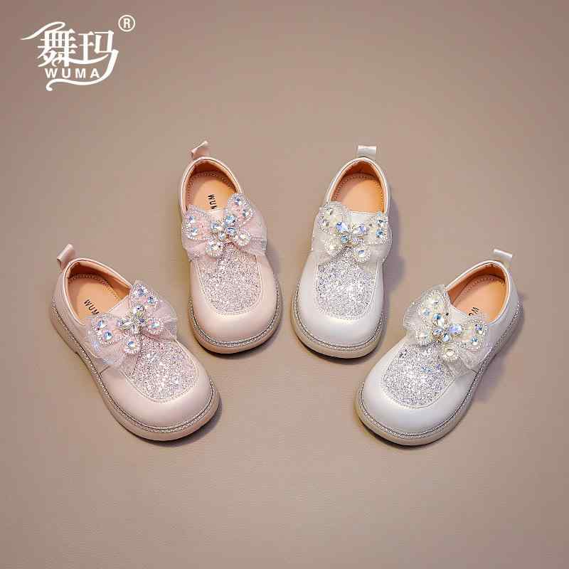 パンプス 女の子 キッズ 子供靴 シューズ プリンセス フォーマル クリスタル リボン ラインストーン 牛革 レザー ソフトソール 履きやすい 脱ぎやすい 面ファスナー ピンク オフホワイト 春夏 結婚式 発表会 七五三 かわいい