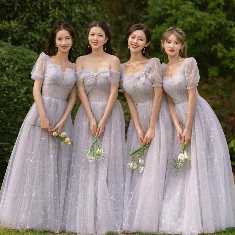 パーティードレス レディース ロングドレス ワンピース ブライズメイドドレス 結婚式 披露宴 二次会 清楚 華やか エレガント グレー 半袖 マキシ丈 Aライン 秋冬 お呼ばれ フォーマル きれいめ 上品