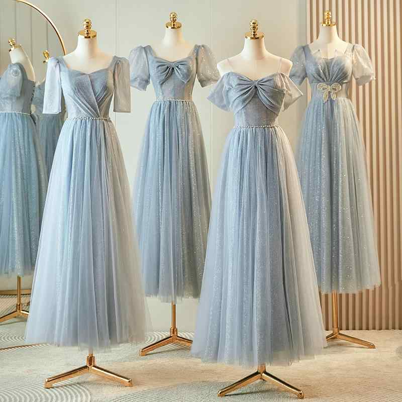 ドレス レディース ブライズメイド 結婚式 披露宴 お呼ばれ ワンピース ロング ミディアム丈 エレガント 着やせ スリム ブルーグレー 半袖 秋冬 フォーマル スタイルアップ 体型カバー