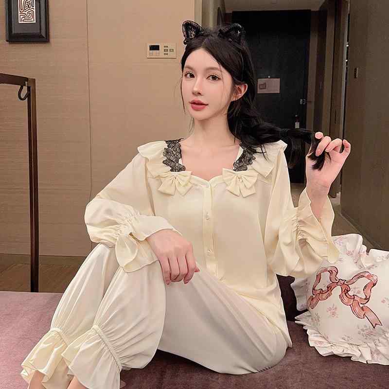 パジャマ レディース ルームウェア セットアップ 春夏 快適 長袖 ロングパンツ Vネック 前開き ボタン フレンチスタイル 宮廷風 レース リボン かわいい 通気性 部屋着 寝巻き ピンク ブルー ブラック