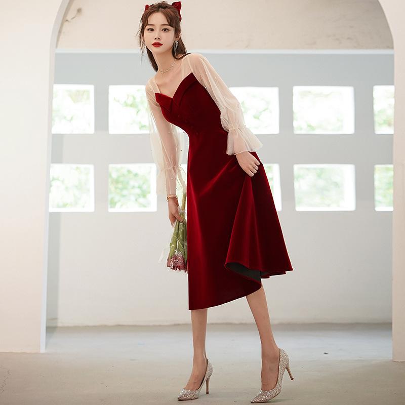 礼服 レディース A字スカート ロングドレス ワインレッド ハイウエスト プリンセス袖 ベルベット 長袖 結婚式 二次会 パーティー 披露宴