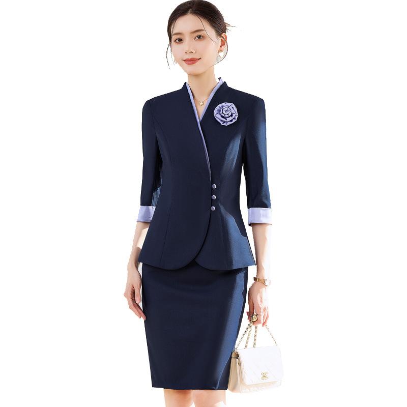 スーツ レディース セットアップ 上下セット パンツスーツ スカートスーツ 五分袖 春夏 事務服 制服 ビジネス 美容師 エステティシャン クリニック 受付 おしゃれ 上品 エレガント 伸縮性 ポリエステル ネイビー ブルー