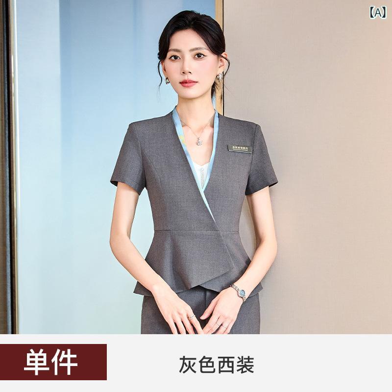 セットアップ レディース 春夏 半袖 ジャケット ノーカラー 2-3点 パンツ スカート スーツ 事務服 オフィス 通勤 接客 涼しい 薄手 ウエストマーク スリム ボタン ポリエステル ブラック グレー ブルー